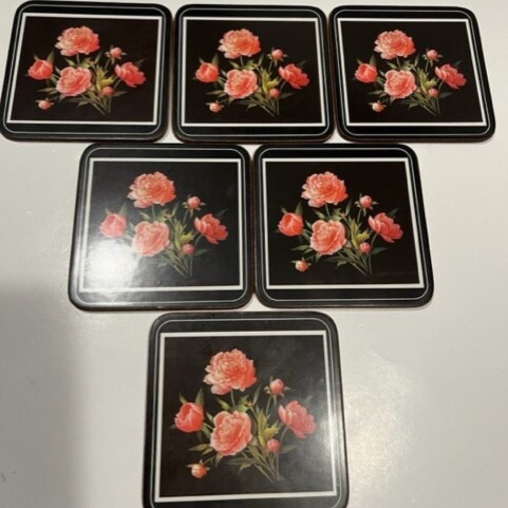 Pimpernel Rose peony bouquet Made in England Set 6 Coasters Cork back vintage